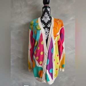 Vtg 80s Abstract Knit Cardigan Sweater Vibrant Coloful Geometric Oversized S